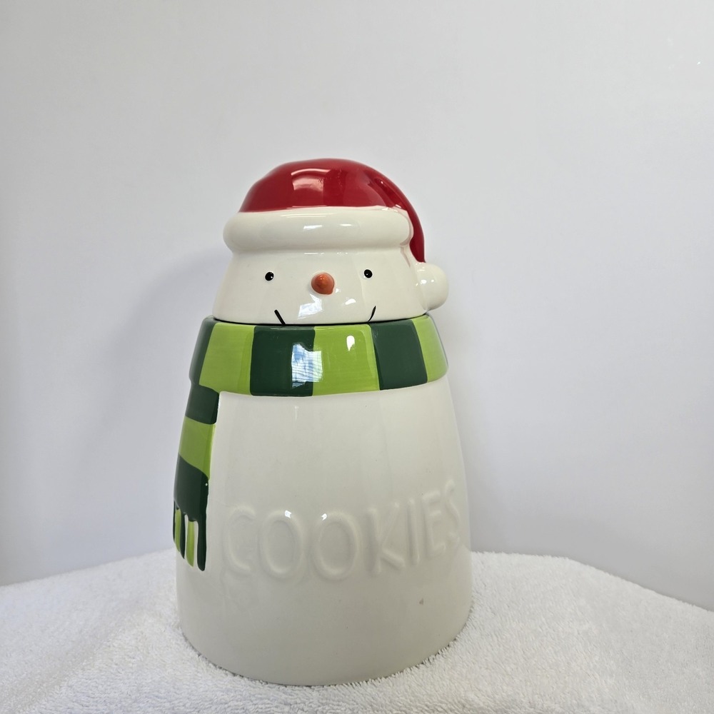 Hallmark Christmas Snowman Green Scarf Ceramic Cookie Jar 9" Kitchen Decor